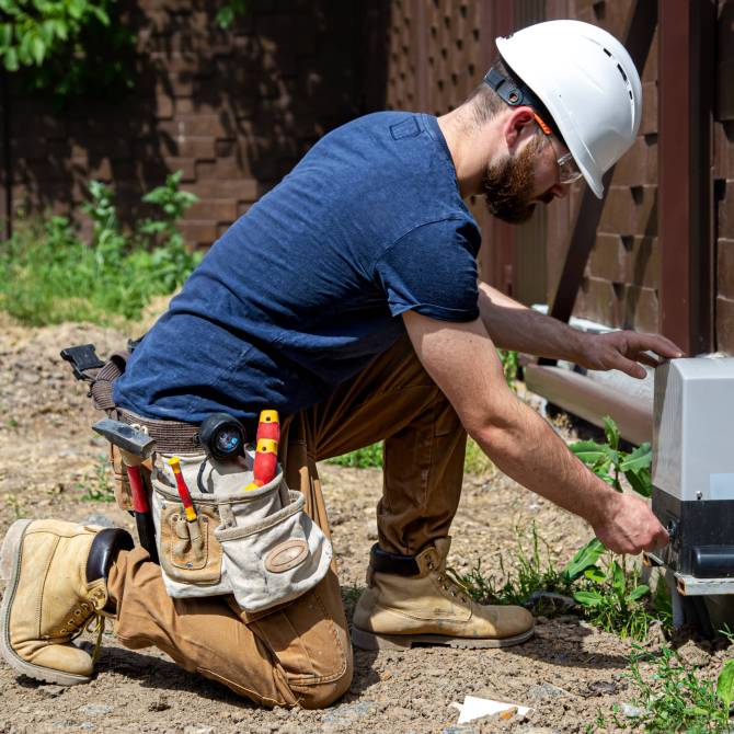 Electrician Builder at work, servicing the fuselage industrial switchboard. Professional in overalls with an electrician's tool.